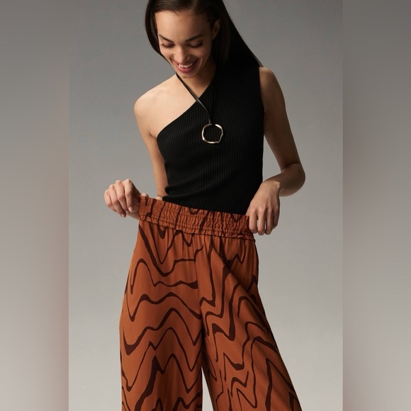 Anthropologie Wide Leg pull on pant bronze wavey artsy pattern retro 70s small S - Picture 3 of 16